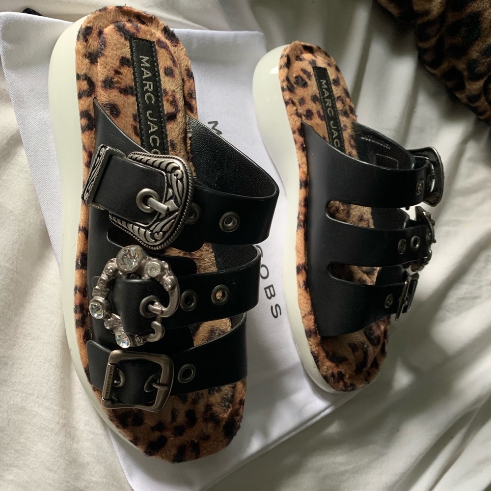 Marc Jacobs Jaguar/Leopard Fur Buckle Slide Sandal